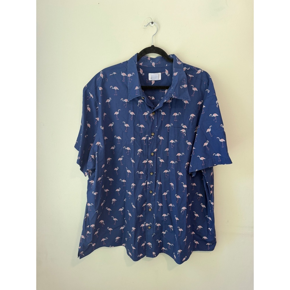HB Mens Flamingo Print Button Down Shirt Navy Blue Short Sleeve 3XL RN 58805